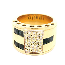 Anillo de Oro Amarillo 18K Bombé con 35 Diamantes y 6 Piedras Azules
