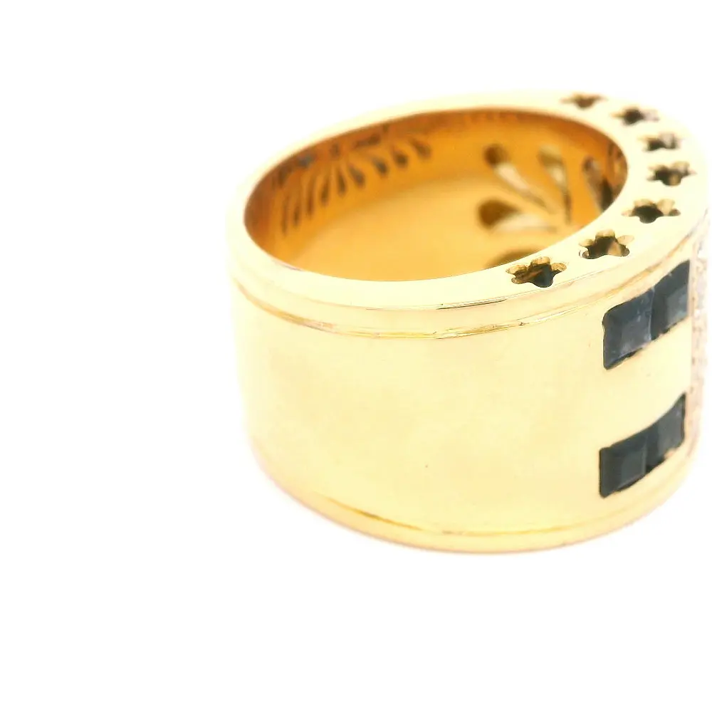 Anillo de Oro Amarillo 18K Bombé con 35 Diamantes y 6 Piedras Azules