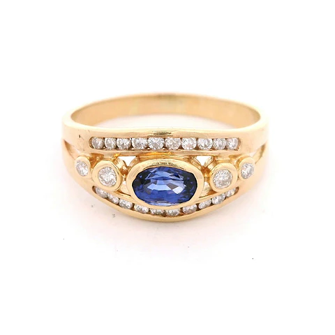 Calado Bombé 14K Oro Amarillo con Diamantes y Zafiro