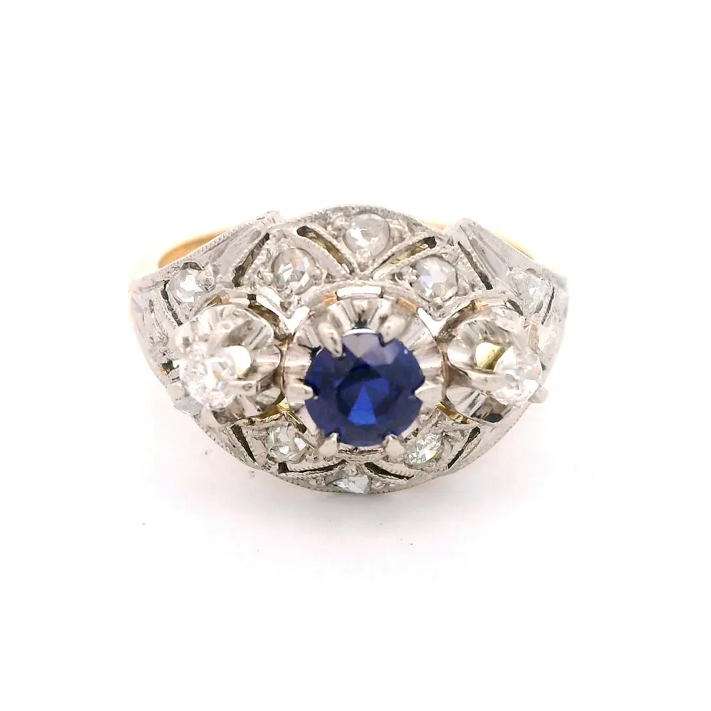 Anillo Bombé 18K Dos Oros con Diamantes y Piedra Azul