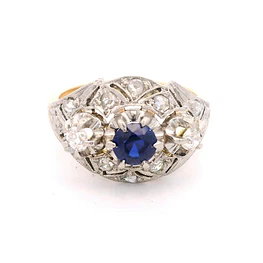 Anillo Bombé 18K Dos Oros con Diamantes y Piedra Azul