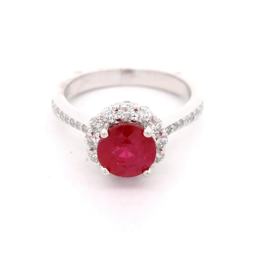 Anillo Halo 18K Rodinado con 36 Diamantes y Rubí Sintético