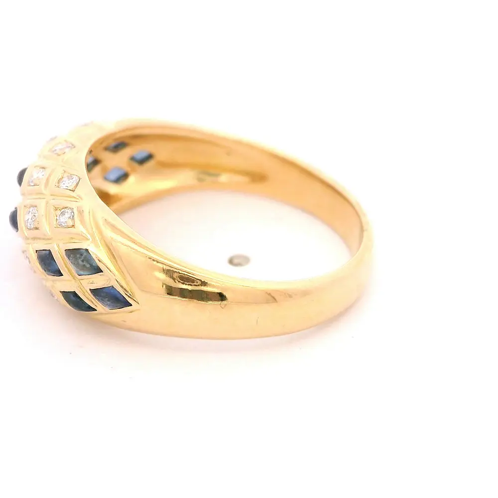 Anillo Bombé 18K Oro Amarillo con Diamantes y Piedras Azules