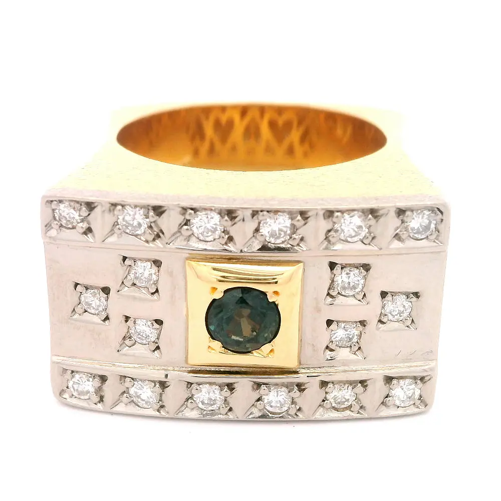 Anillo Sello 18K Dos Oros con 18 Diamantes y Piedra Azul