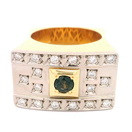 Anillo Sello 18K Dos Oros con 18 Diamantes y Piedra Azul