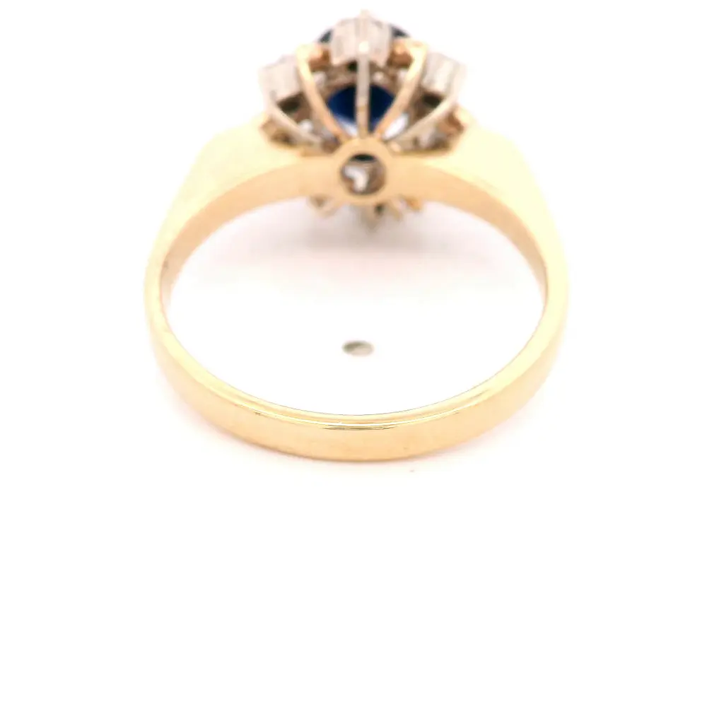 Anillo Flor 10K Oro Amarillo con 6 Diamantes y Zafiro