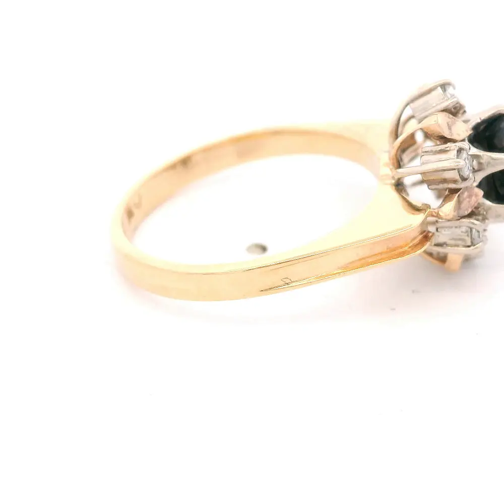 Anillo Flor 10K Oro Amarillo con 6 Diamantes y Zafiro