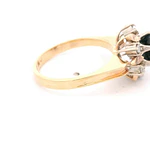Anillo Flor 10K Oro Amarillo con 6 Diamantes y Zafiro