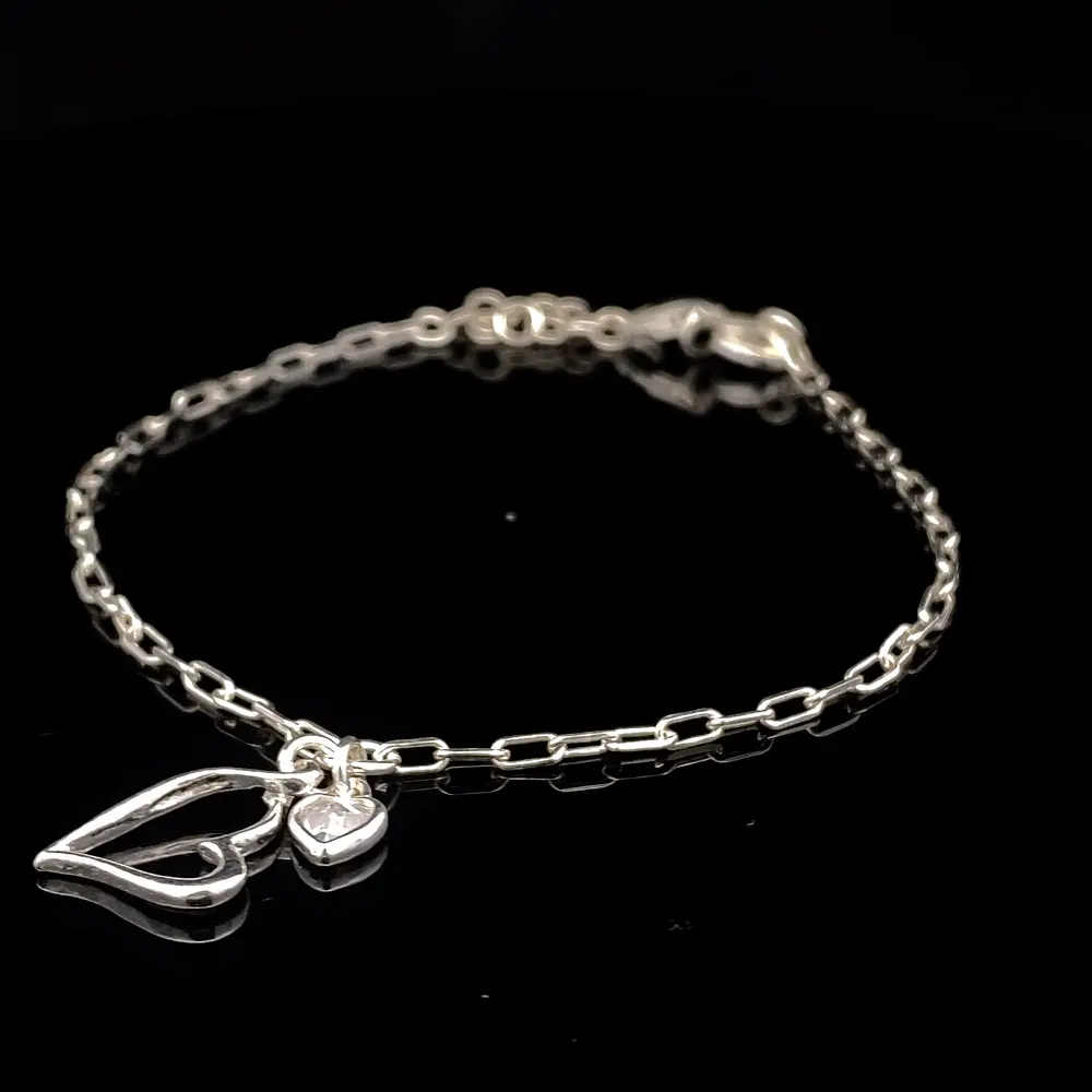 Pulsera de Plata Limada con Corazón Troquelado y Corazón con Circón Incoloro