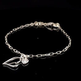 Pulsera de Plata Limada con Corazón Troquelado y Corazón con Circón Incoloro