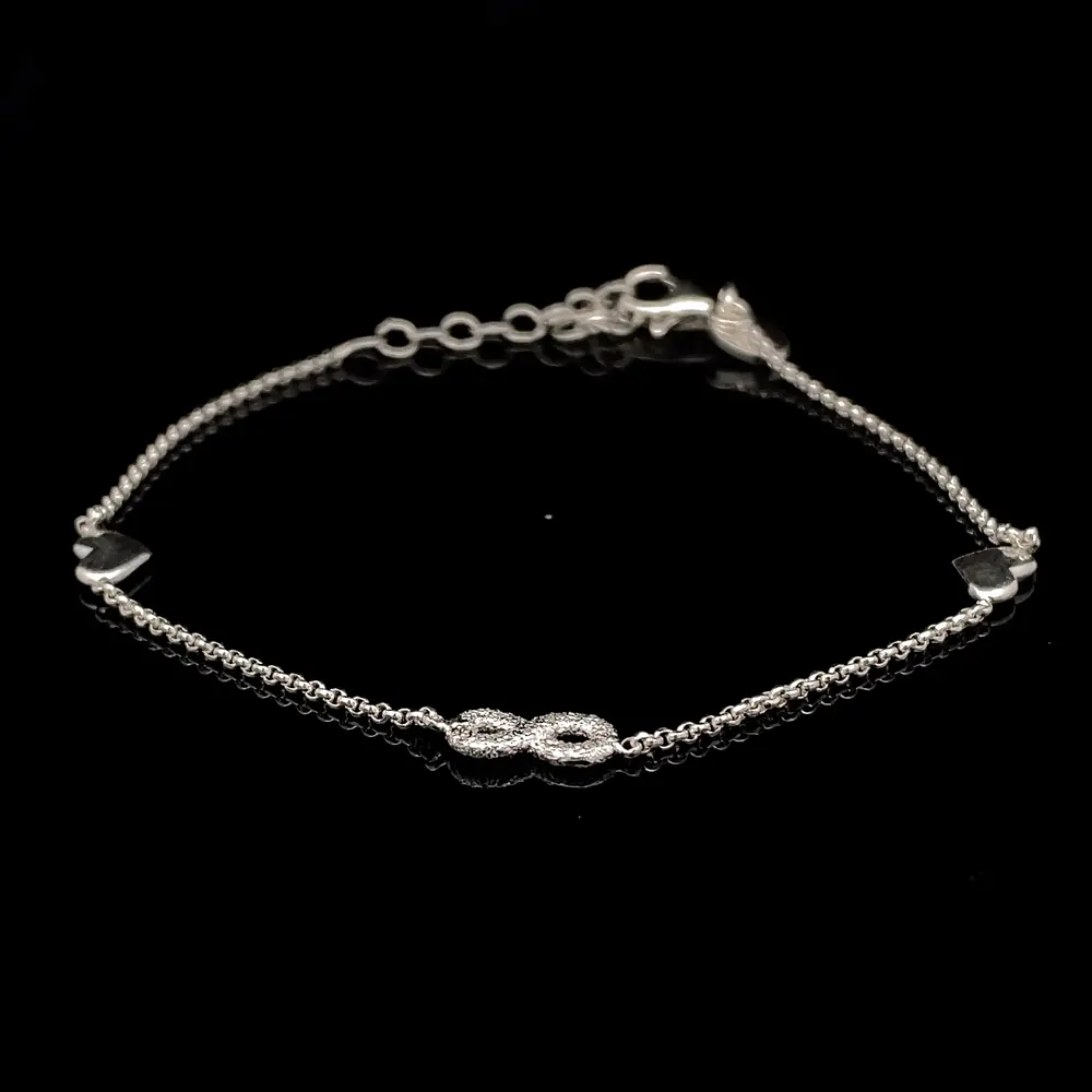 Pulsera de Plata Limada con Infinito Diamantado y Corazones Lisos