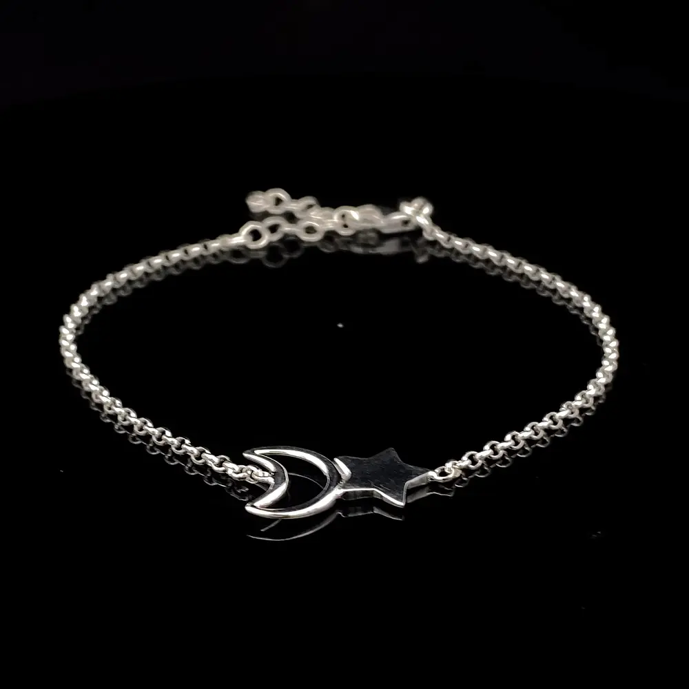 Pulsera de Plata Rolo con Estrella Lisa y Luna Troquelada