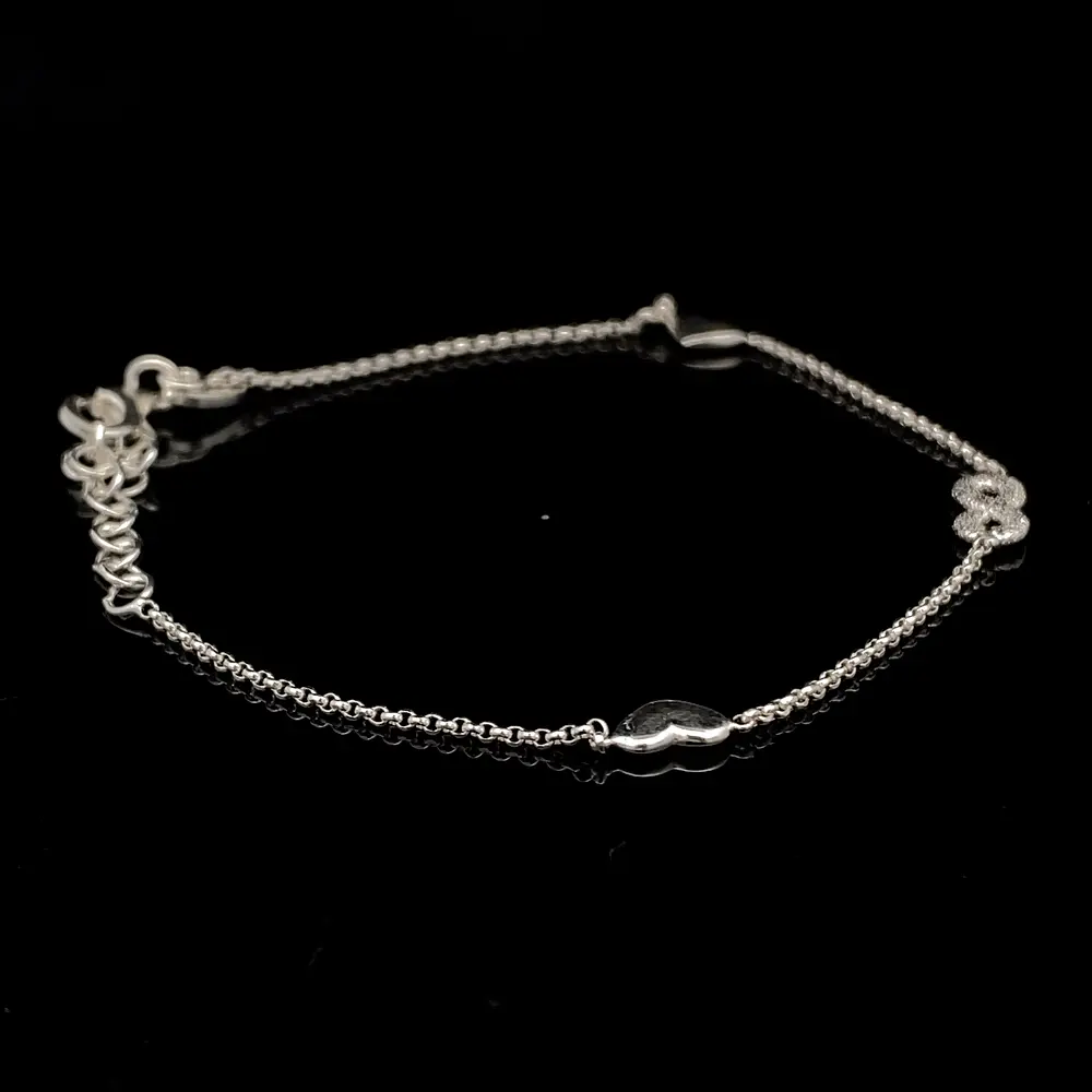 Pulsera de Plata Limada con Infinito Diamantado y Corazones Lisos
