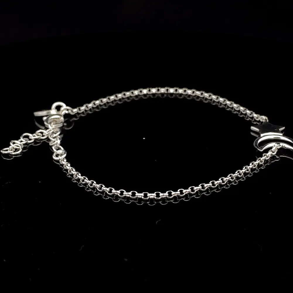 Pulsera de Plata Rolo con Estrella Lisa y Luna Troquelada