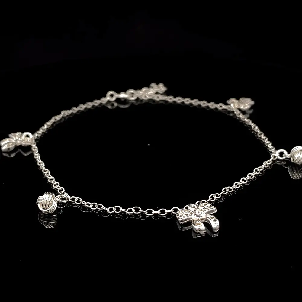 Tobillera de Plata Limada con Lazo Brillante y Nudos Intercalados