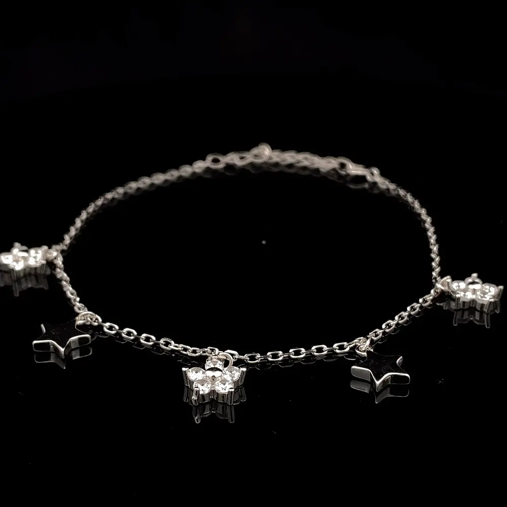 Tobillera de Plata Limada con Estrellas Lisas y Flores Colgantes
