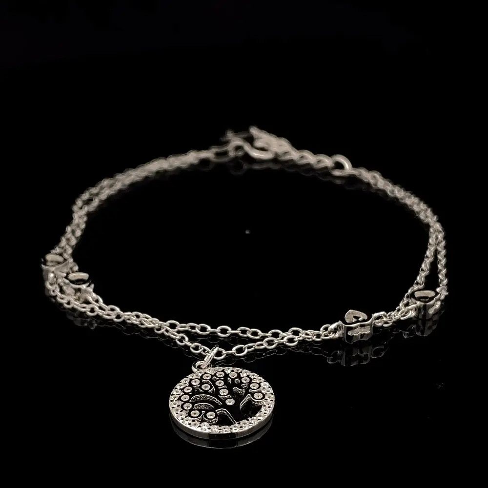Pulsera de Plata Limada Doble con Corazones Intercalados y Árbol de la Vida