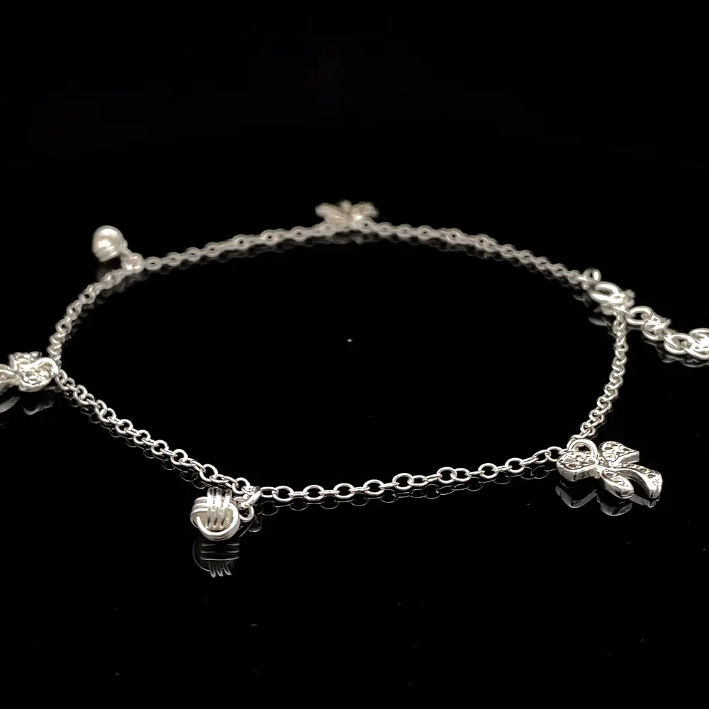 Tobillera de Plata Limada con Lazo Brillante y Nudos Intercalados
