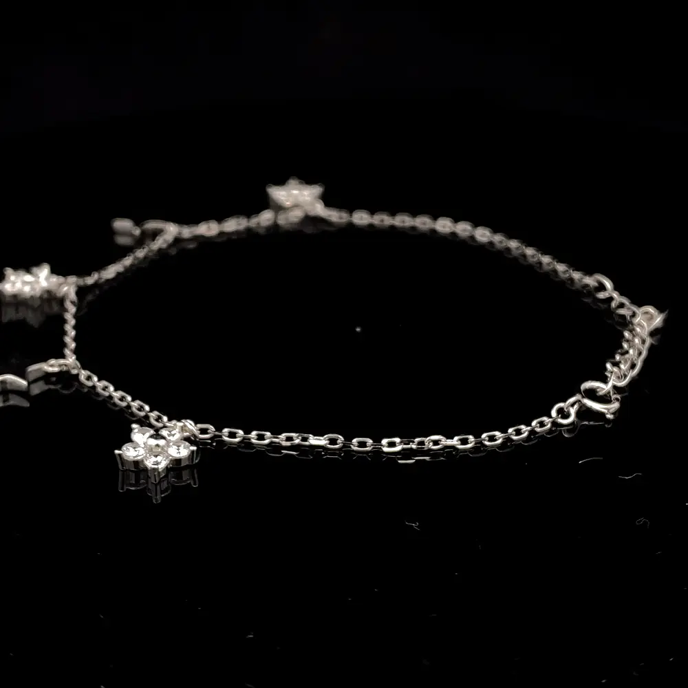 Tobillera de Plata Limada con Estrellas Lisas y Flores Colgantes