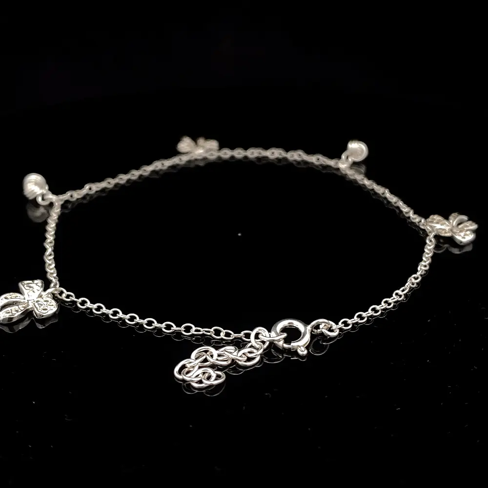 Tobillera de Plata Limada con Lazo Brillante y Nudos Intercalados