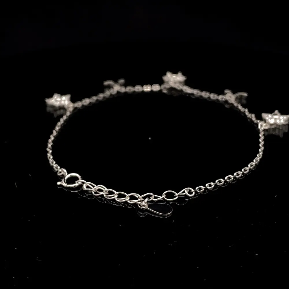 Tobillera de Plata Limada con Estrellas Lisas y Flores Colgantes