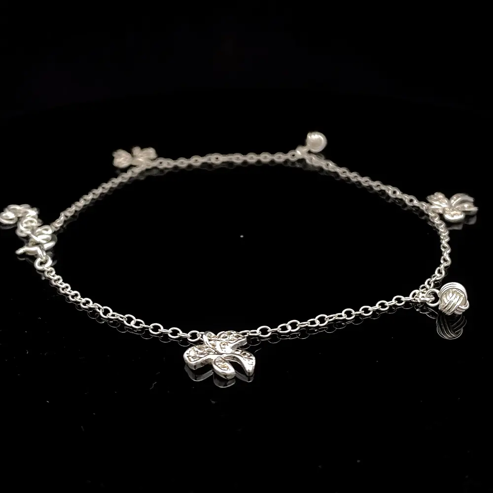 Tobillera de Plata Limada con Lazo Brillante y Nudos Intercalados