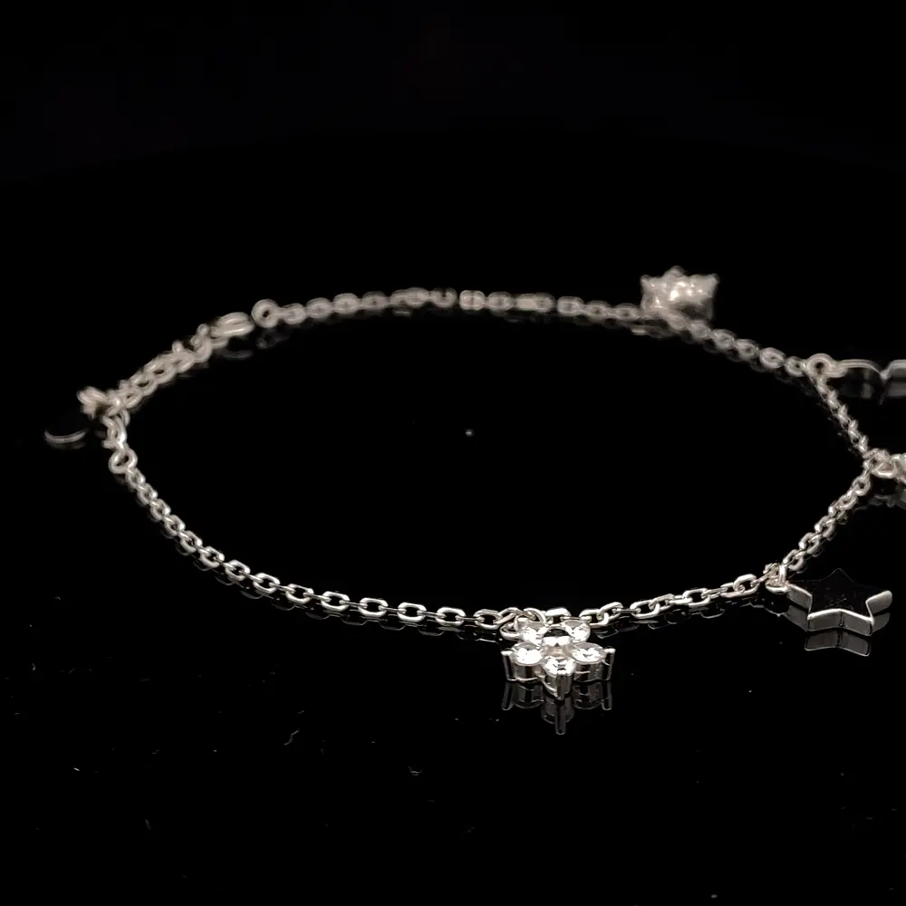 Tobillera de Plata Limada con Estrellas Lisas y Flores Colgantes