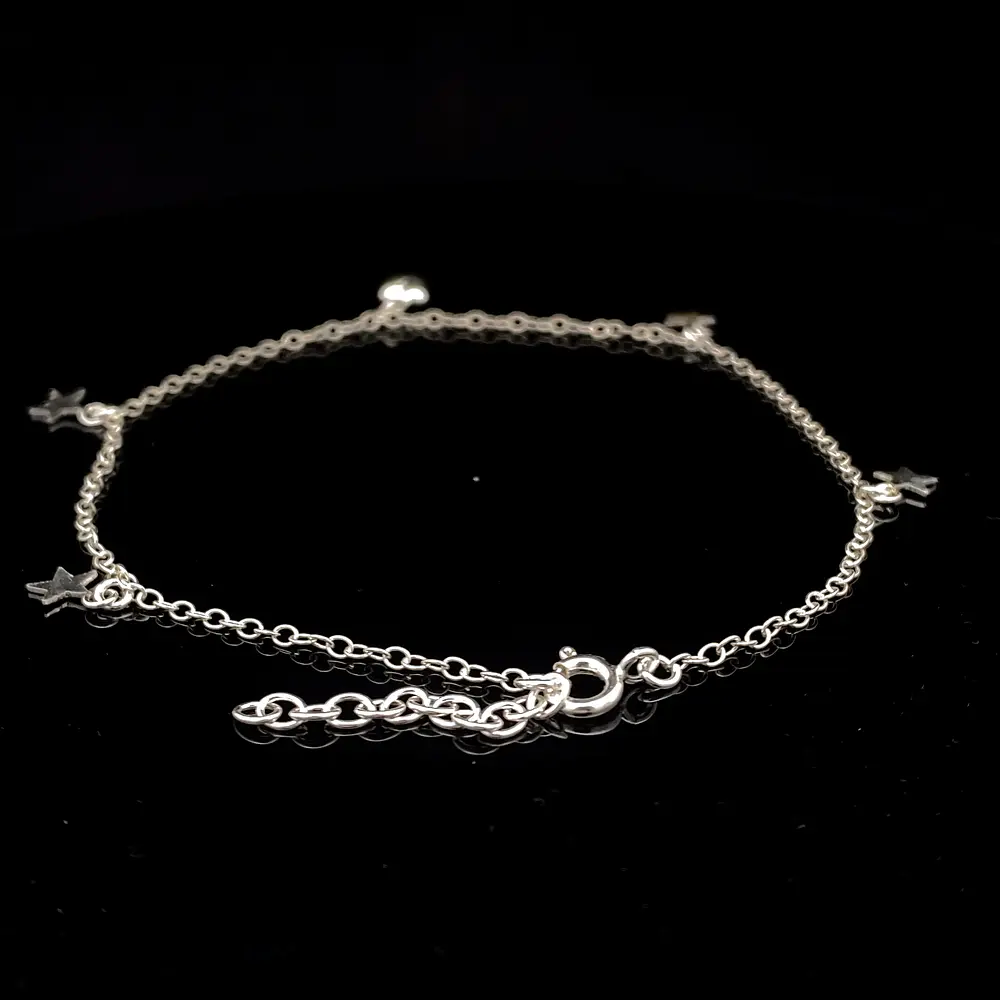 Tobillera de Plata Limada con Estrellas Lisas y Corazón Bombé