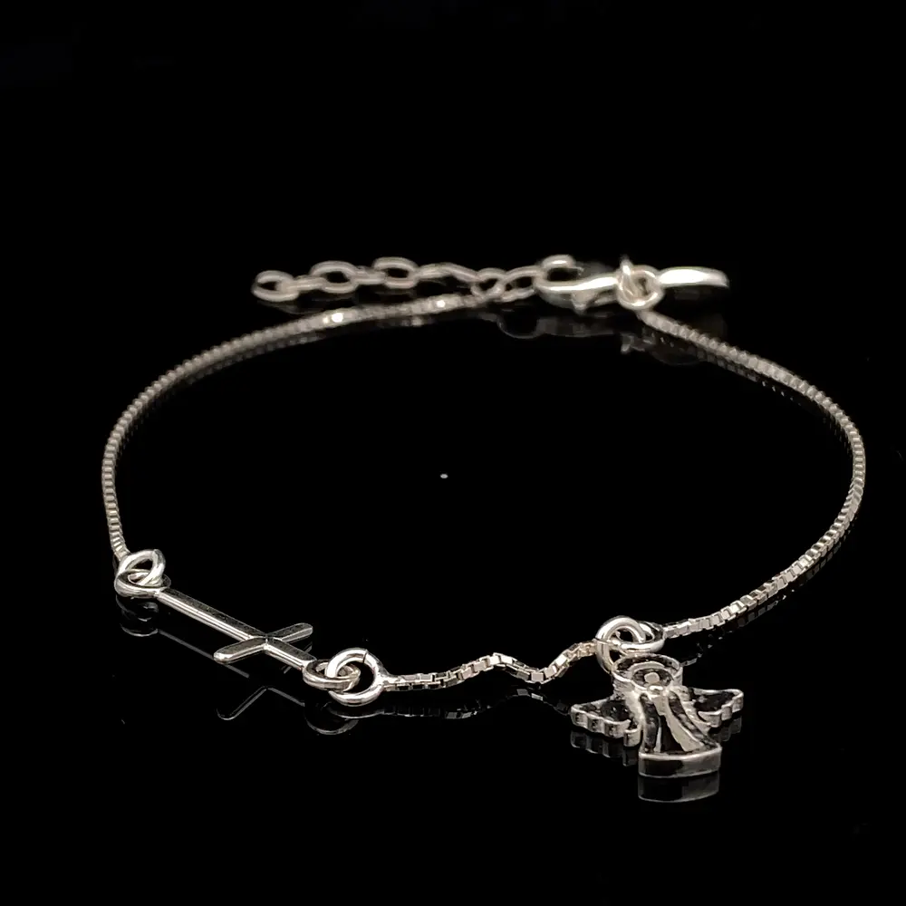 Pulsera de Plata Veneciana con Cruz Central y Ángel Colgante