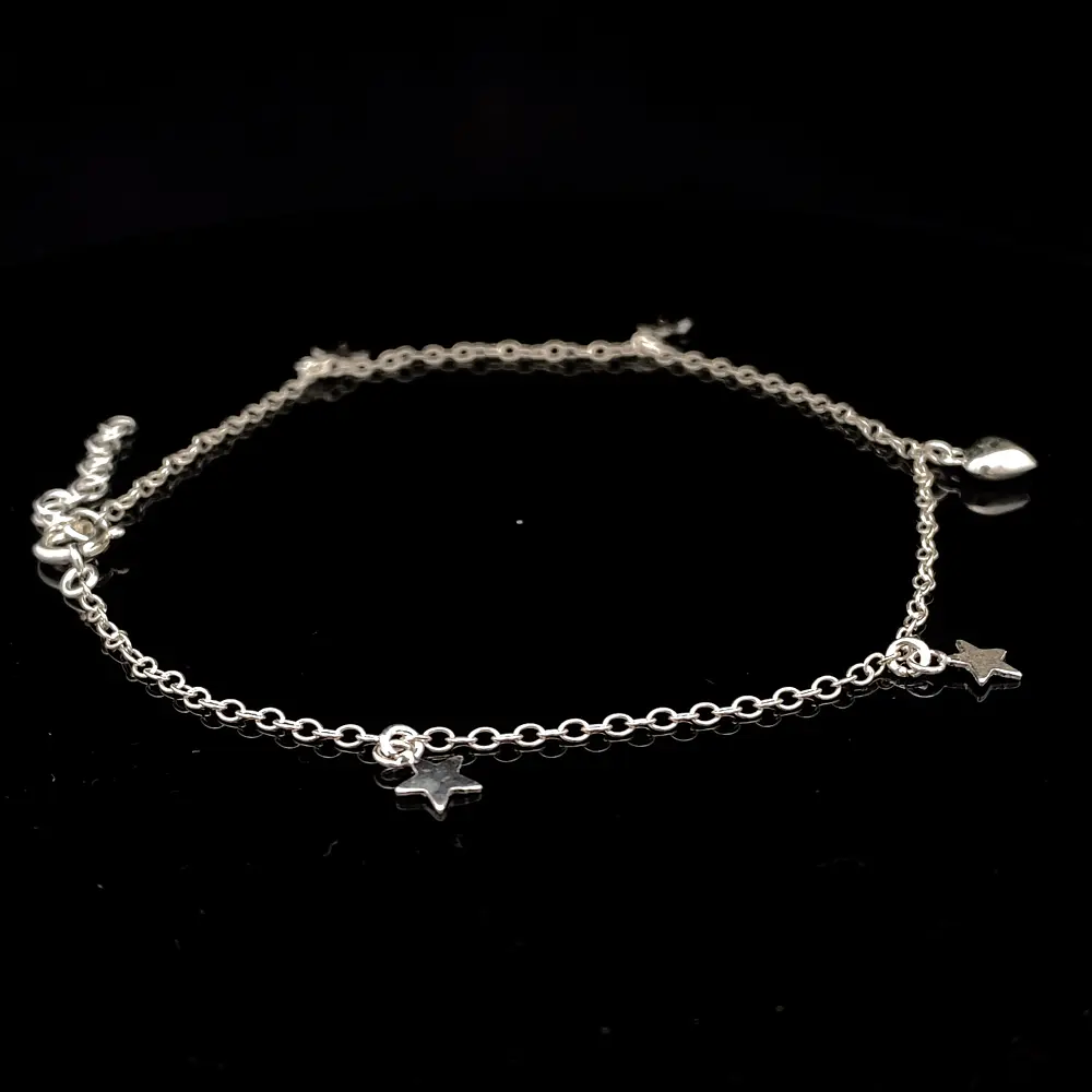 Tobillera de Plata Limada con Estrellas Lisas y Corazón Bombé
