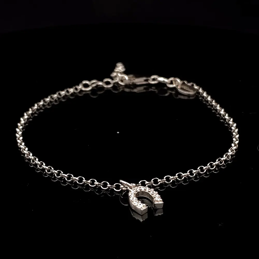Pulsera de Plata Rolo Rodinada con Herradura Colgante y Circones