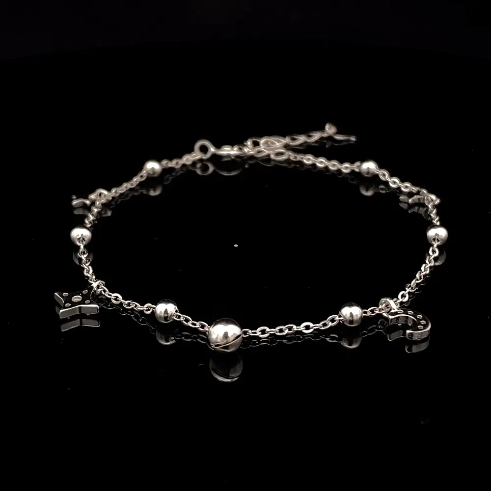 Pulsera de Plata Limada con Esferas Intercaladas, Luna, Estrella y Esfera Colgante