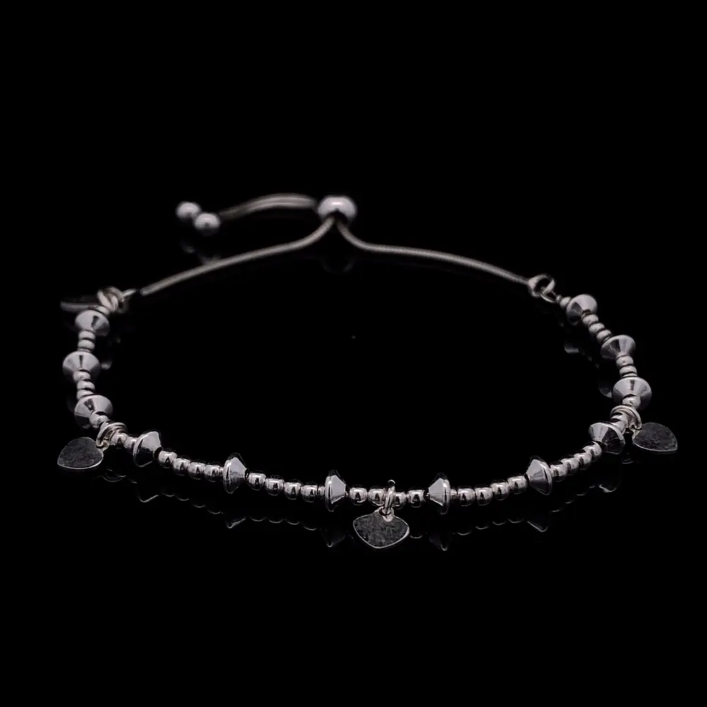 Pulsera de Plata Cola de Ratón Pellet con Rombos Lisos y Corazones