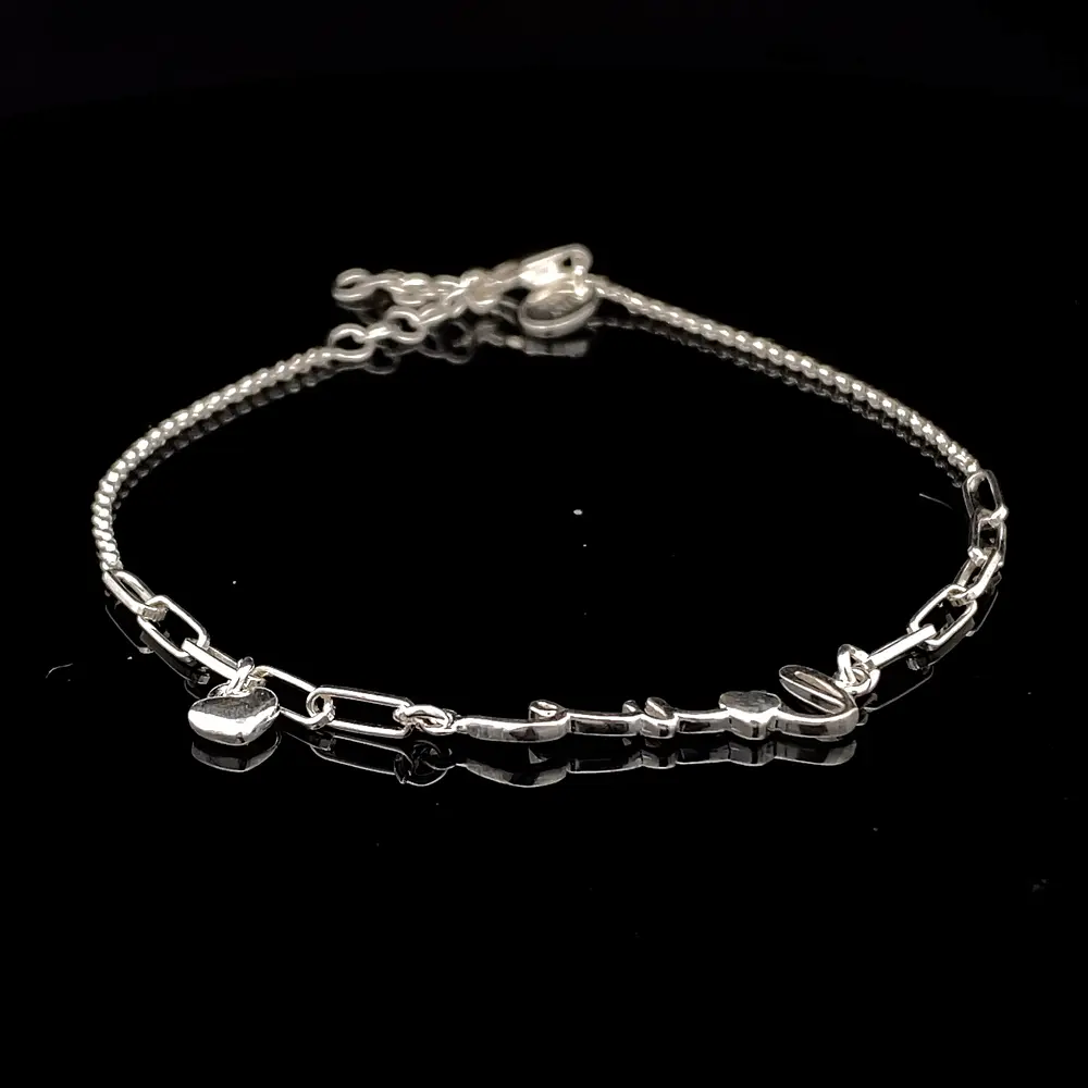 Pulsera de Plata Limada con LOVE Central y Corazón Colgante