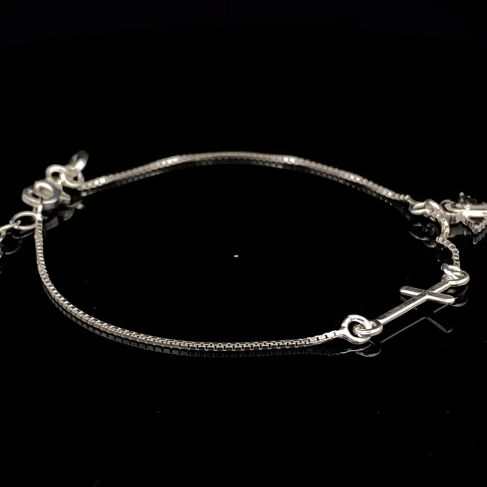 Pulsera de Plata Veneciana con Cruz Central y Ángel Colgante
