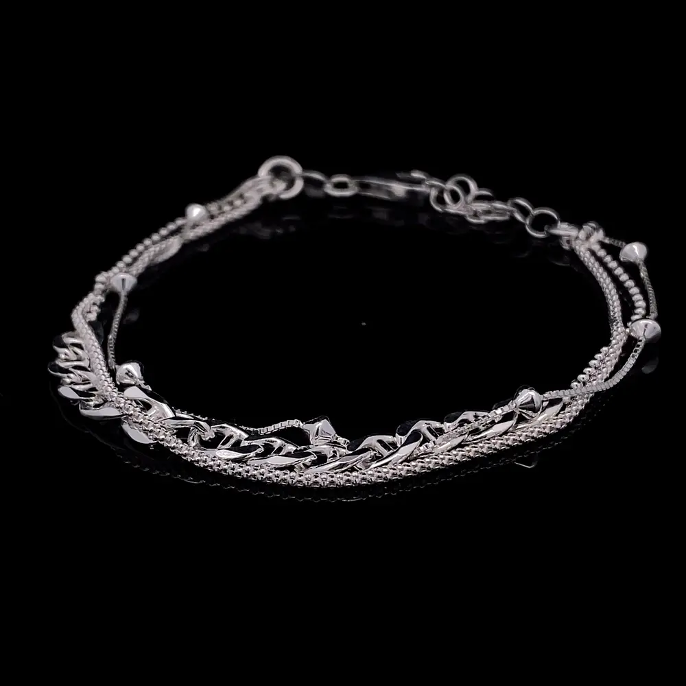 Pulsera de Plata Triple Tejido Militar con Banana, Cuerda y Veneciano con Rombo