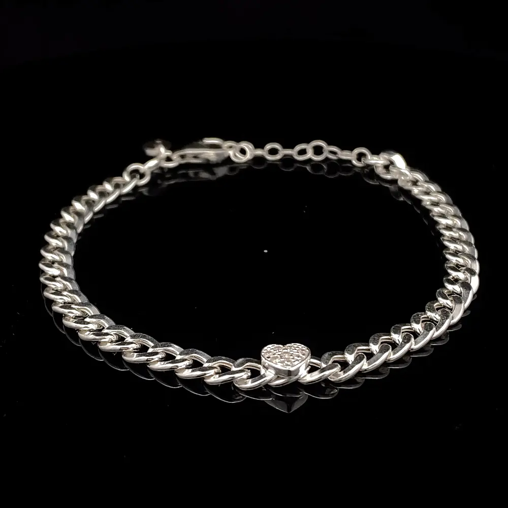Pulsera de Plata Groumet con Corazón Pequeño Central y Circones