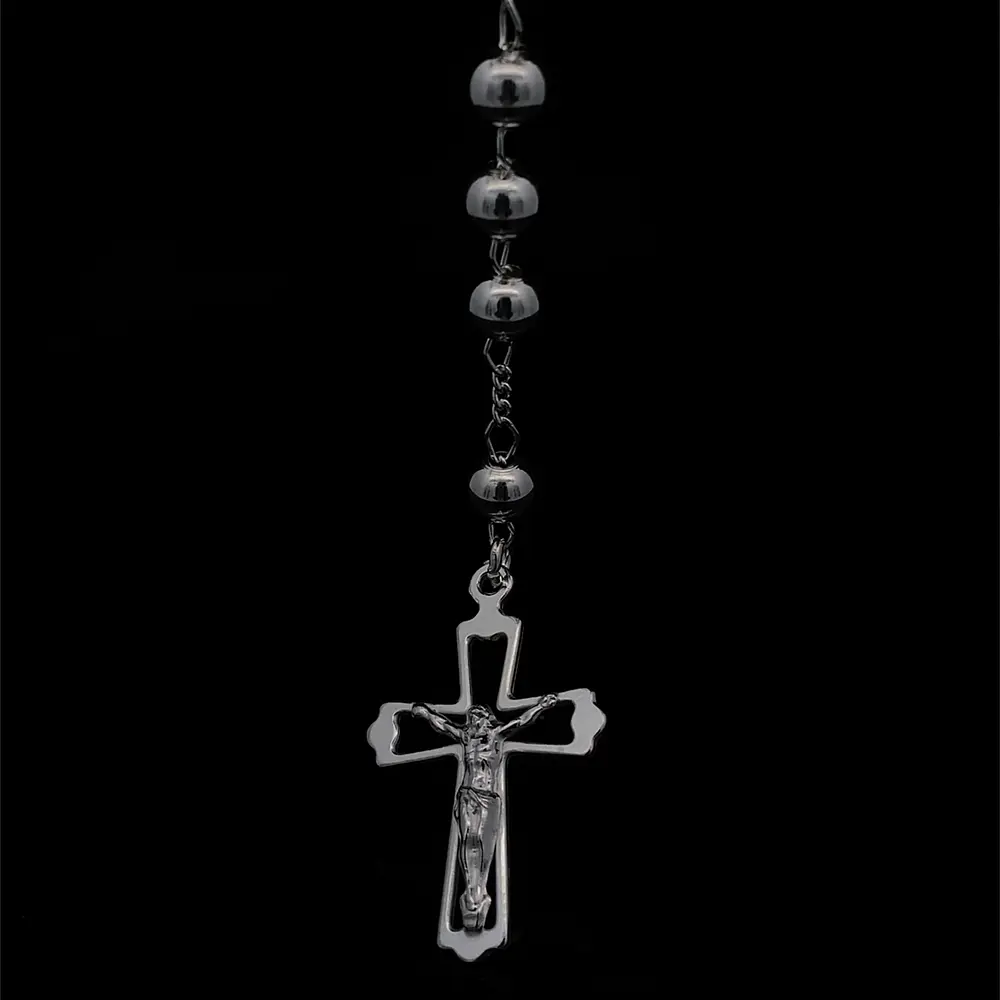 Cadena Rosario de Plata con Esferas Ensanchadas Lisas, Medalla y Cruz