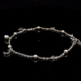 Pulsera de Plata Limada con Esferas Intercaladas, Luna, Estrella y Esfera Colgante