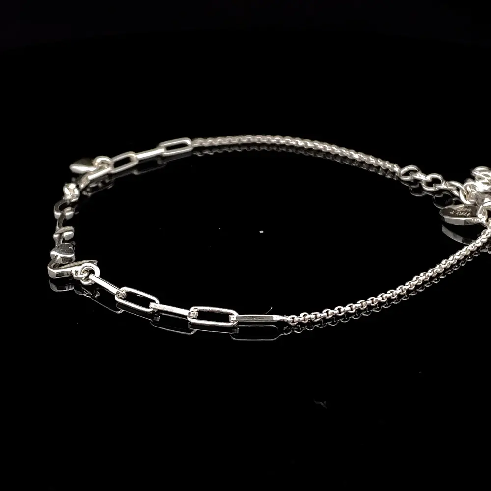 Pulsera de Plata Limada con LOVE Central y Corazón Colgante