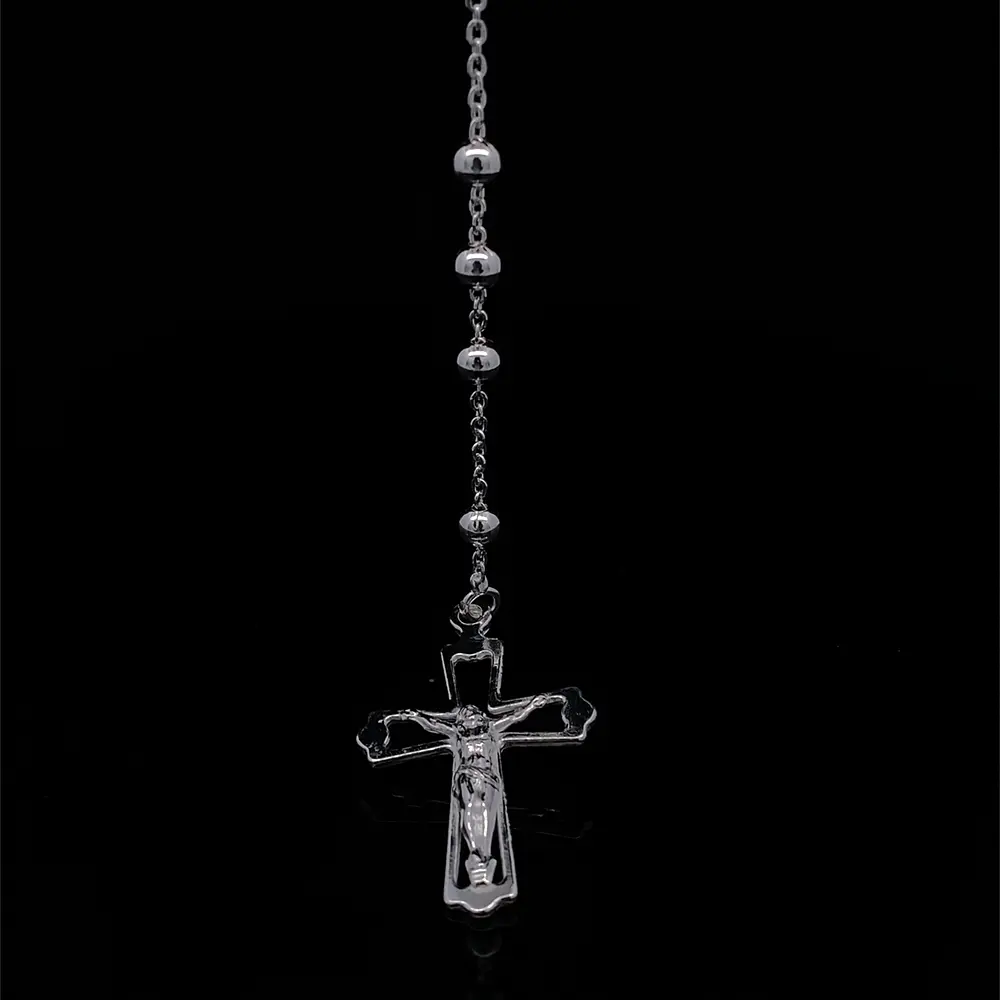 Cadena Rosario de Plata con Esferas Lisas, Medalla y Cruz
