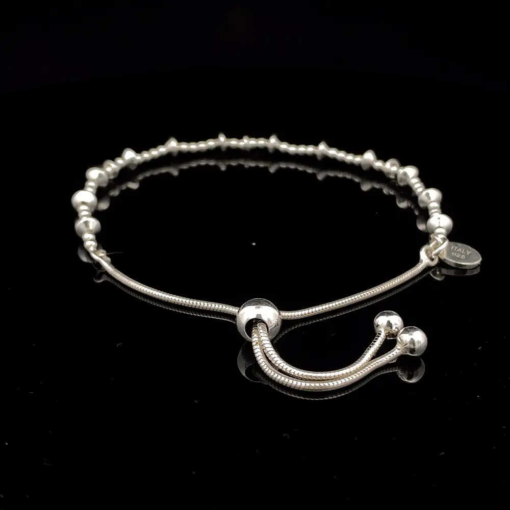 Pulsera de Plata Cola de Ratón Pellet con Rombos Lisos y Corazones