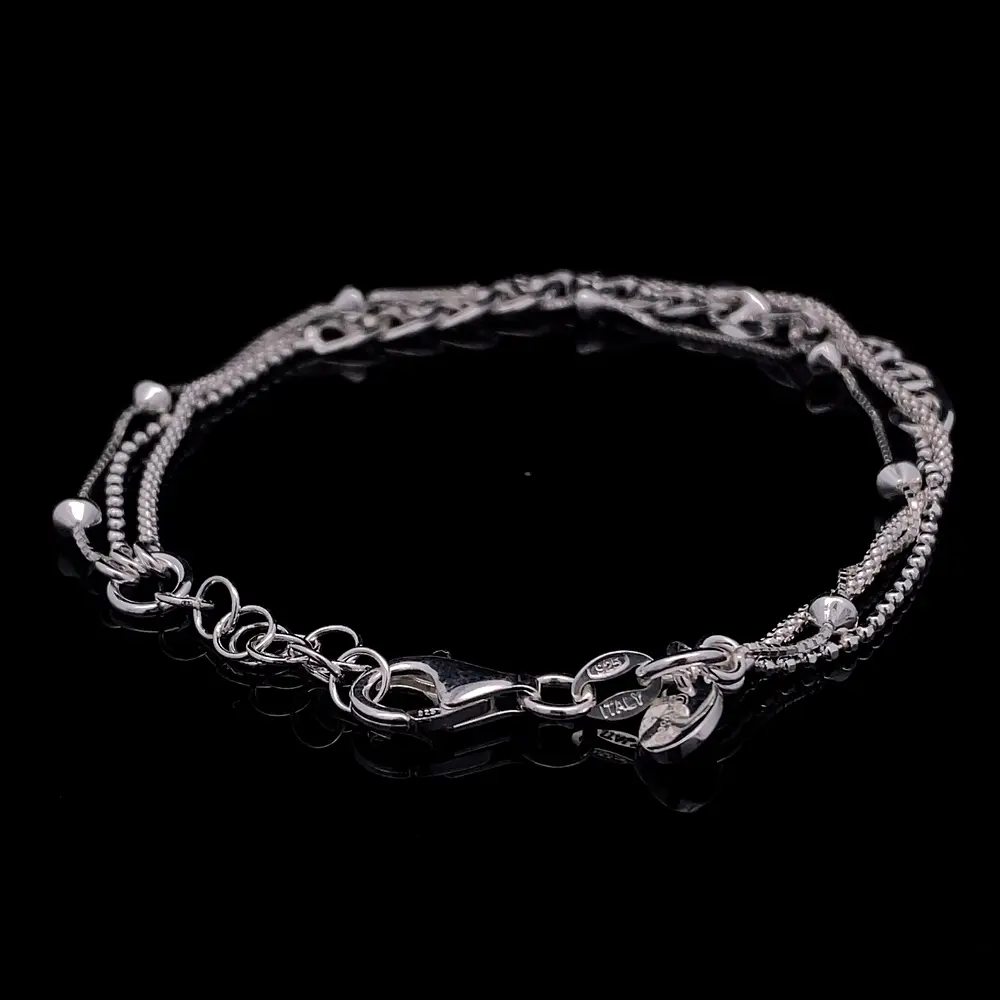 Pulsera de Plata Triple Tejido Militar con Banana, Cuerda y Veneciano con Rombo