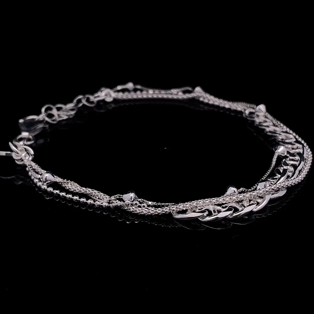 Pulsera de Plata Triple Tejido Militar con Banana, Cuerda y Veneciano con Rombo