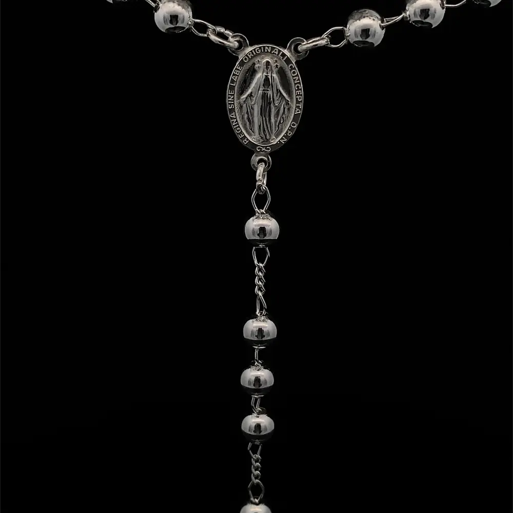 Cadena Rosario de Plata con Esferas Ensanchadas Lisas, Medalla y Cruz