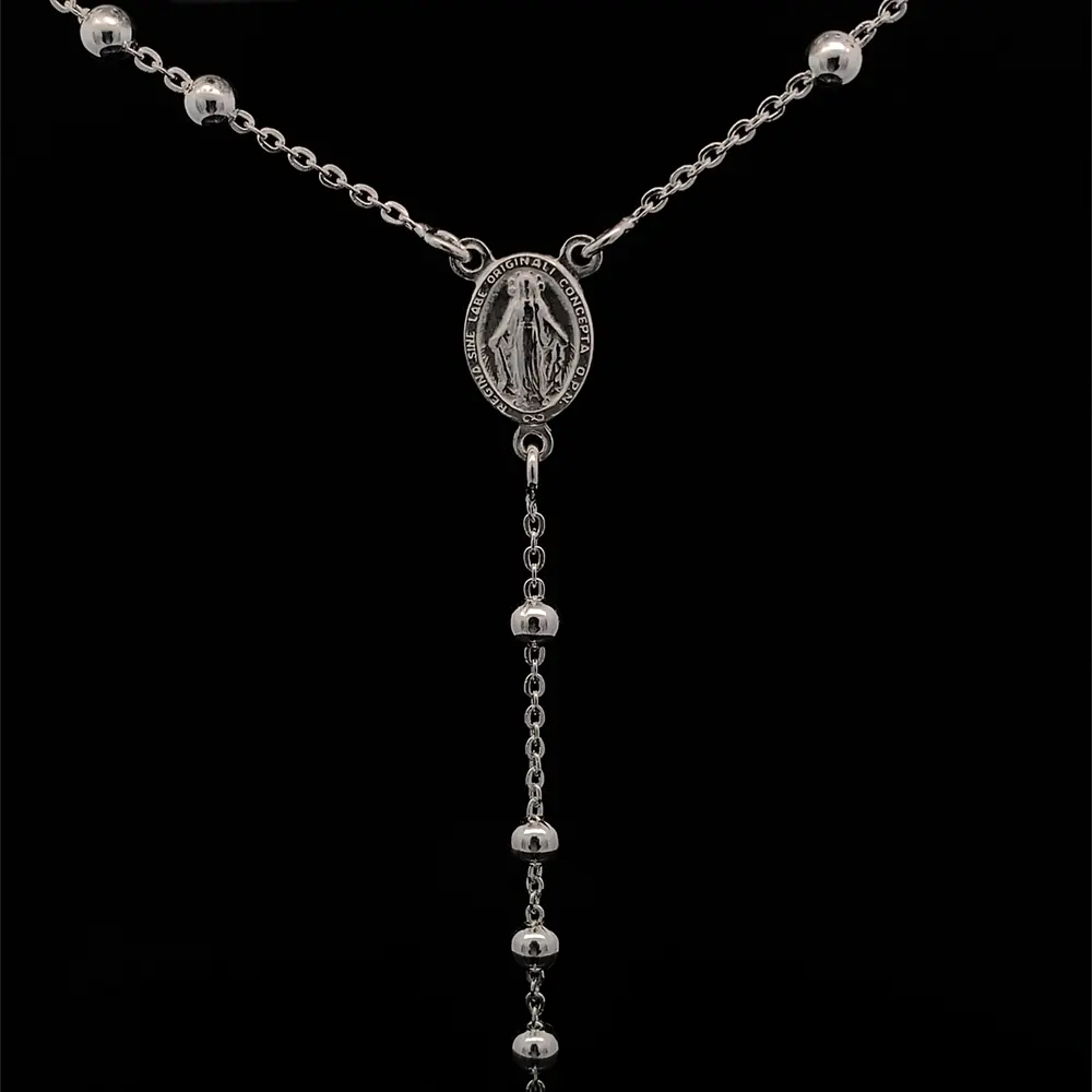 Cadena Rosario de Plata con Esferas Lisas, Medalla y Cruz