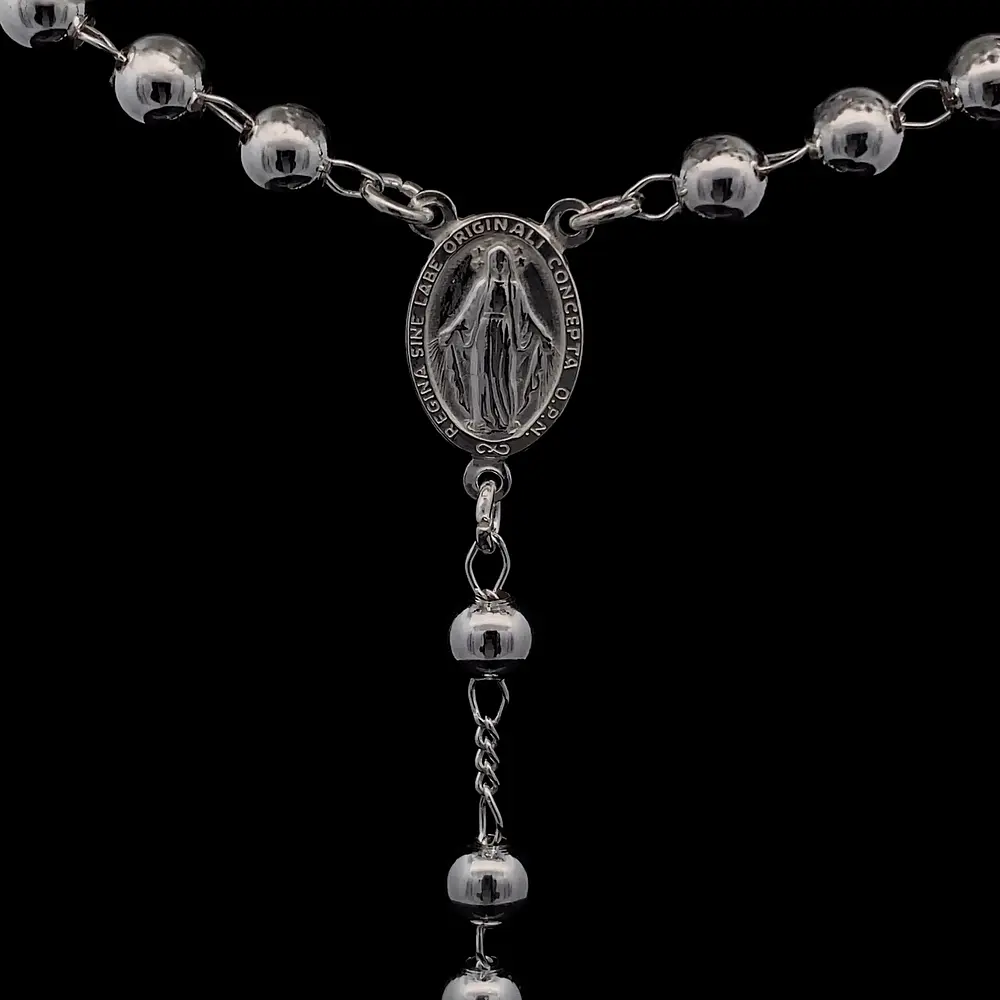 Cadena Rosario de Plata con Esferas Ensanchadas Lisas, Medalla y Cruz