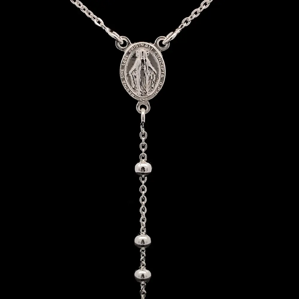 Cadena Rosario de Plata con Esferas Lisas, Medalla y Cruz