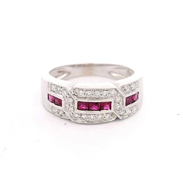 Anillo 14K Cintillo Diamantes y Piedras Rojas
