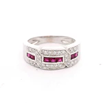 Anillo 14K Cintillo Diamantes y Piedras Rojas